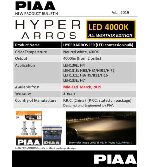 PIAA H8 H9 H11 H16 Hyper Arros LED-lampor set 4000K - LEH140E - Lights and Styling