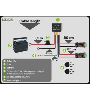 Kabelset - Ledson - Achteruitrijlicht - 2 lampen - incl Relais - 2 pins - Deutsch DT - 12V