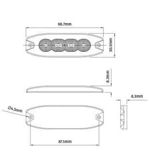 Blixtljus - 247 Lighting - Slimline 4-Led - 10cm - 18 Blixtmönster - Bärnsten - R65 - 12V-24V -