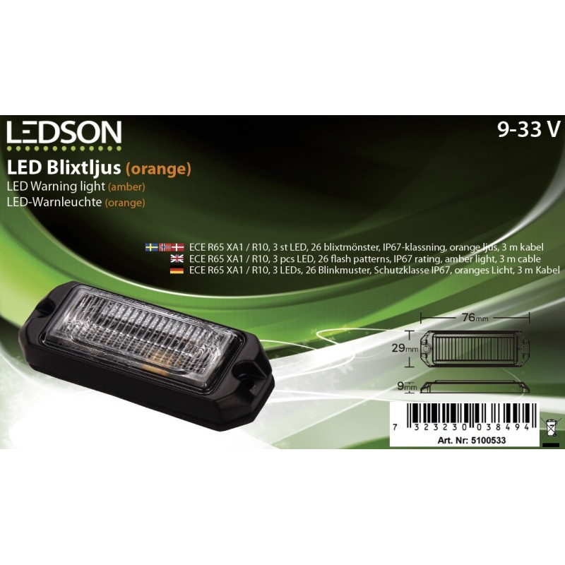 Blitzleuchte - Ledson - Astro 3 - 3" - 7.6cm - Klar - 26 Blitzmuster - Amber - R65 - 12V-30V Blitzleuchte - Ledson - Astro 3 - 3" - 7.6cm - Klar - 26 Blitzmuster - Amber - R65 - 12V-30V